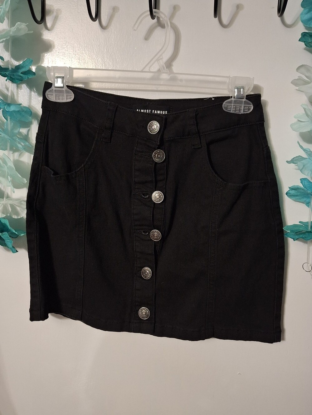Almost Famous Black Denim Button Mini Skirt
